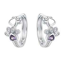 Cycuff 925 Sterling Silver Hoop Earrings Colorful Cubic Zirconia Jewelry Earrings for Women Set Earring Gifts for Her (Cute Pet Stone Set Openwork Paw Print Earrings)
