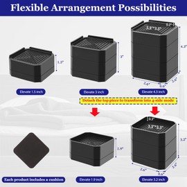 Bed Risers Heavy Duty, Adjustable Furniture Riser Blocks Lift 1.5, 3, 4.3 inches for Couch Table Desk Sofa Chair Legs, Refrigerator, Washing Machine - Support up to 4000 lbs (Black 4 Pack, 1.5 inch)