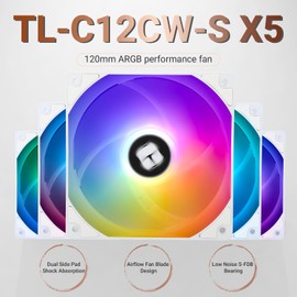 Thermalright 5 Pack TL-C12CW-S CPU Fan 120mm White ARGB Case Cooler Fan, 4pin PWM Silent Computer Fan with S-FDB Bearing Included, up to 1550RPM Cooling Fan（5 Quantities）