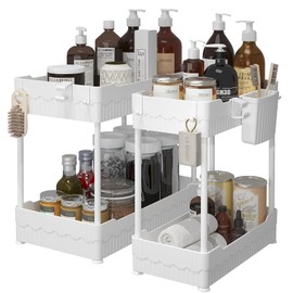 Sevenblue 2 Pack Under Sink Organizer, Under Bathroom Cabinet Organizer with Hooks Hanging Cup, Multi-Purpose Storage Shelf for Kitchen Bathroom (White, 14.8 Inch)