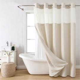 eachope Long No Hooks Needed Linen Textured Shower Curtain with Snap-in Fabric Liner Set,Cream Hotel Luxury Decor Shower Curtains for Bathroom,Waterproof & Washable,71Wx80H
