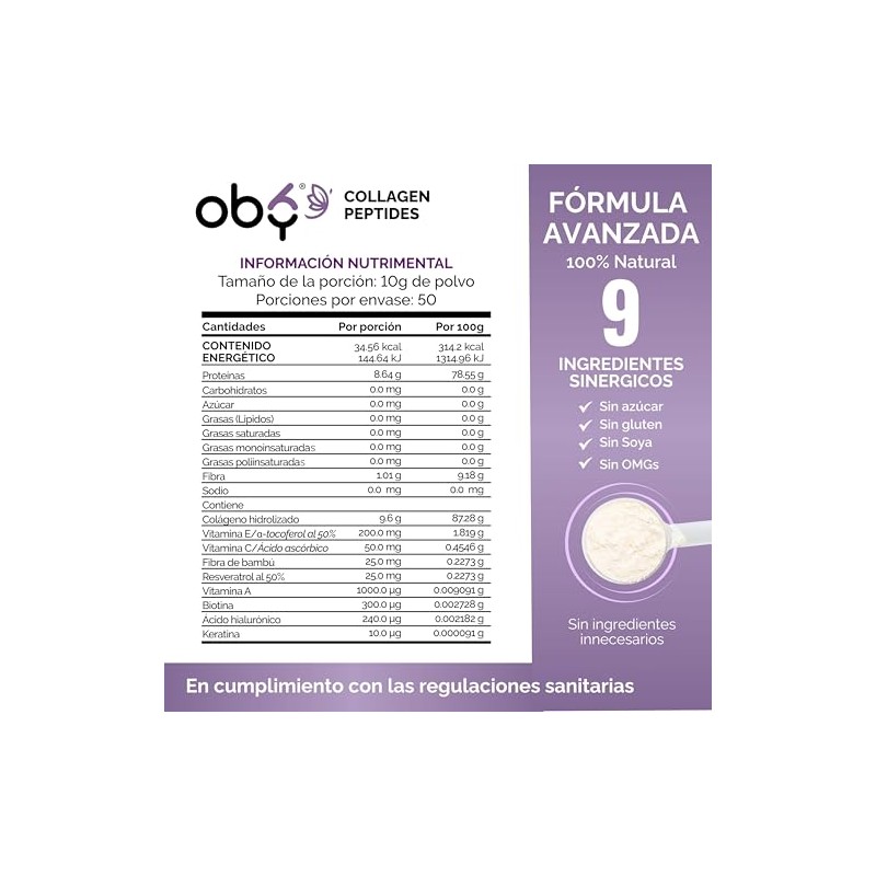 Oby Colágeno Hidrolizado Resveratrol Ácido Hialurónico Polvo 100 Porciones