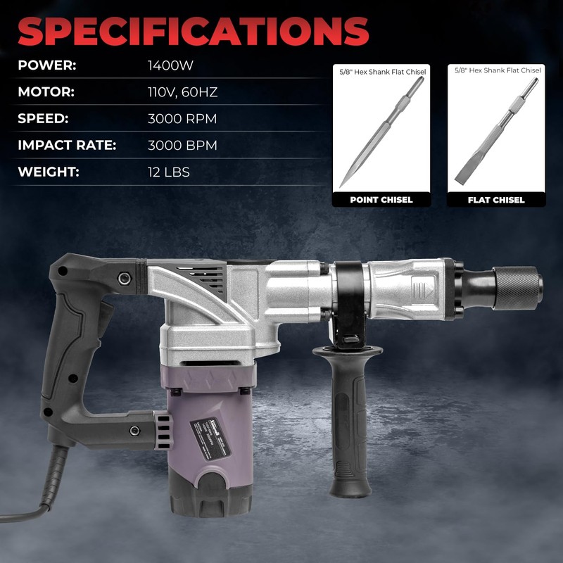 XtremepowerUS 1400W Demolition Electric Jack Hammer Point & Flat Chisel