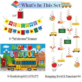 Back to School Decorations, Welcome Garland Banner, School Bus Backdrop, Apples Pencils Scissors Blackboard Hanging Swirls for Classroom, First day of School Photo Props Supplies