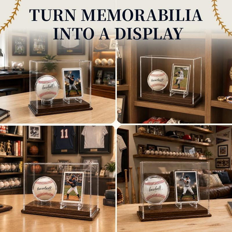 Baseball Display Case with Card Holder, Wood Base