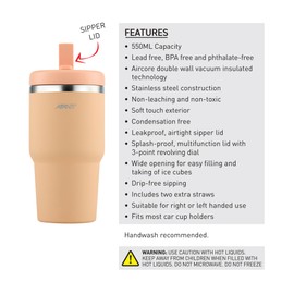 Avanti HydroQuench Stainless Steel Insulated Smoothie Tumbler with 2 Lids 550ml, Peach