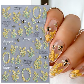 Flower Nail Art Stickers Cute Bee Nail Deals 5D Embossed Nail Stickers Yellow Flowers Bee Letter Nail Design Insect Floral Nails Supplies Spring Summer Manicure Accessories for Women Nail Decorations