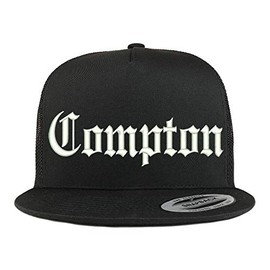 Trendy Apparel Shop Old English Font Compton City Embroidered 5 Panel Mesh Cap - Black