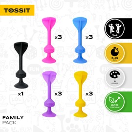 TOSSIT Game Set - Indoor, Outdoor Suction Cup Throwing Party Game - Family Pack, 4 colors Pink Purple Light Blue Yellow - Portable Fun that sucks!