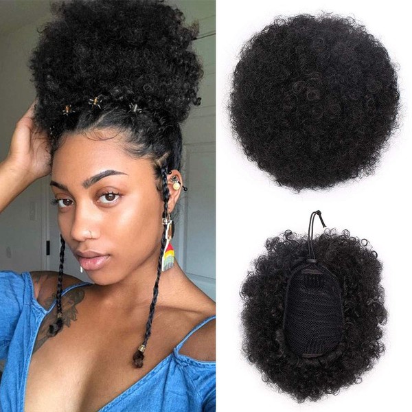AISI QUEENS Synthetic Curly Hair Ponytail African American Short Afro Kinky Curly Wrap Drawstring Puff Ponytail Hair Extensions Wig with 2 Clips(1B#)
