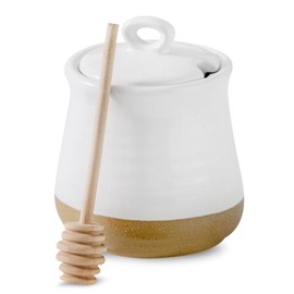 glowworm Honey Jar with Dipper, 12 Ounce Honey Jars, Ceramic Honey Container for Home, Kitchen, Honey Dipper Stick and Jar Set, Dishwasher Safe, White