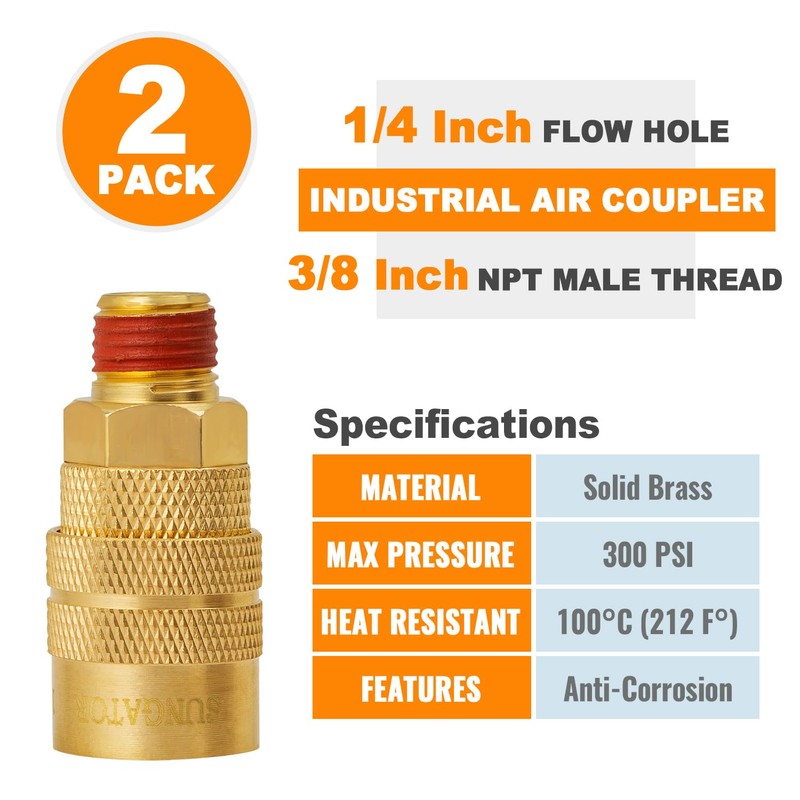 SUNGATOR 5 Pack 3/8'' Male NPT Industrial Air Couplers with