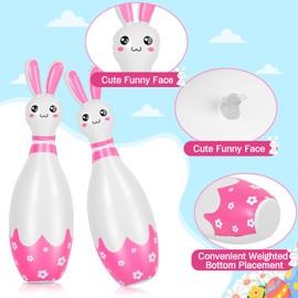 Foilswirl 12 Pcs Kids Easter Bunny Bowling Set with 10 Bunny Bowling Pins and 2 Balls Inflatable Easter Bunny Games and Toys for Girls Boys Indoor Outdoor Party Event Family Holiday Activity