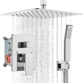 gotonovo Bathroom Rain Shower Combo Set Ceiling Mount with Handheld Spray High Pressure Luxury Shower Mixer Faucet with Rough-in Valve Shower Trim 2 Function 12 inch Shower Head Polished Chrome