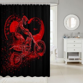 Feelyou Motocross Fabric Shower Curtain Black Red Dirt Bike Rider Shower Curtain Boys Racing Themed Bathroom Waterproof Accessories with 12 Hooks Fashion Motorcycle Silhouette Curtains,72X72 Inches