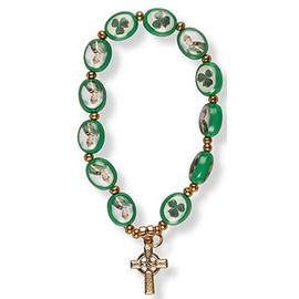 Catholic Gift Shop Glass Shamrock - Rosary Bracelet with Shamrock, St. Patrick Beads & Celtic Cross Bracelet.