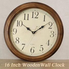 CHIRAY 16-Inch Solid Wood Silent Non-Ticking Decorative Wall Clock with Large Arabic Numerals Battery Operated Analog Retro Clock for Living Room, Kitchen, Bedroom