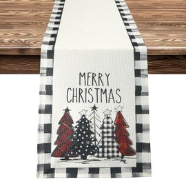 Christmas Trees Table Runner Waterclor Buffalo Plaid Table Runner 13 x 72 Inch Merry Christmas Table Topper for Christmas Decoration Kitchen Dining Table Indoor Outdoor Party Decoration