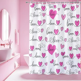 LYLYCTY Valentines Pink Heart Shower Curtains for Bathroom, Cute Modern Fabric Waterproof Shower Curtain Set with 12 Hooks, 72x72 inches