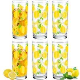 LemonRoad 6 Packs Lemon Pattern Highball Glasses 10 oz Tall Lemon Drinking Glasses Summer Drinkware or Iced Tea, Cocktails, Juice-summer Citrus Themed Glassware Set