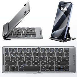 PuechAxe Foldable Bluetooth Keyboard with Stand Holder, Rechargeable Pocket Size Folding Travel Keyboard for iPhone, iPad, Tablet, Laptop, Smartphone, B088