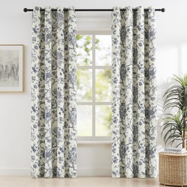 Melodieux Vintage Floral Cotton Blackout Curtains for Living Room, Bedroom French Farmhouse Country Drapes Thermal Insulated Grommet Curtains Toile de Jouy, 52 by 96 in, Navy Blue, 2 Panels