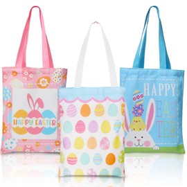Whaline 3Pcs Easter Tote Bags Large Easter Egg Bunny Printed Canvas Bags with Handles Reusable Grocery Shopping Bags Multicolor Gift Goodie Bags for Easter Egg Hunt Easter Basket Party Favor Supplies