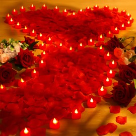 Coume 6000 Pieces Artificial Rose Petal with 72 Pieces Romantic Heart Led Candle Flameless Love Led Tealight Candle for Romantic Night Anniversary Table Decor(Red Light)