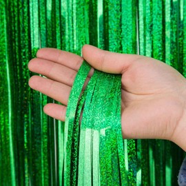 Green Metallic Tinsel Foil Fringe Curtains Shimmer Curtain Party Photo Backdrop Decorations,Pack of 4