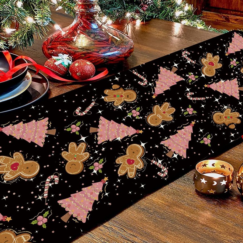 GAGEC Gingerbread Christmas Decorations Black Table Runner Pink Tree Glitter