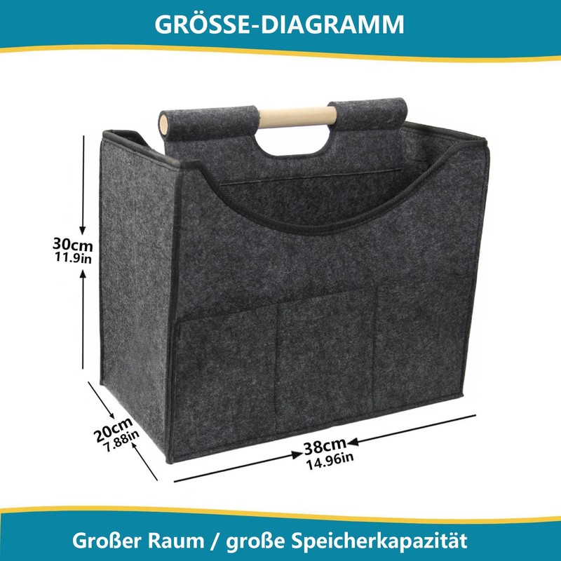 Foldable magazine storage basket, solid wood handle felt organizer, can