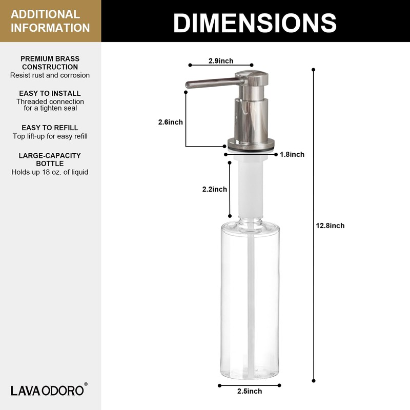 Lava Odoro Chrome Soap Dispenser for Kitchen Sink, Modern Brass
