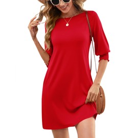 LUYAA Red Dresses for Women Formal Womens 3/4 Sleeve Puff Sleeve Crewneck Birthday Red Valentines Day Dress Valentines Day Date Night Dress Womens Dresses for Wedding Guest L