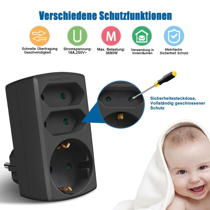 EXTRASTAR Multi-socket 3-way socket adapter, 2 Euro + 1 Schuko
