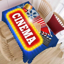 Beabes 52x70 Inch Tablecloth Cinema, Movie Time Popcorn Clapping Board Non-Fading Table Covers Kitchen Dinning Tabletop Decoration, Blue Washable Table Cloth for Outdoor and Indoor Use