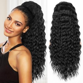 ALXNAN Wavy Curly Ponytail Extension, Long Soft 22" Black Drawstring Ponytai for Black Women Natural Synthetic Hairpiece Thick For Daily Use