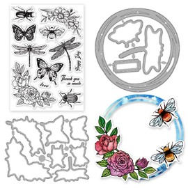 INFUNLY 3PCS Butterfly Stamp and Die Set Dragonfly Bee Transparent Silicone Stamp Frame Cutting Dies Flower Beetles Clear Stamp and Die Cuts Embossing Stencil for Card Making DIY Scrapbooking Album