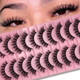 SISIYDY Fluffy Lashes Natural Look 3D 16mm Thick Wispies Short False Eyelashes Soft Faux Mink Lashes Strip D Curl Cat Eyelashes Pack YH009