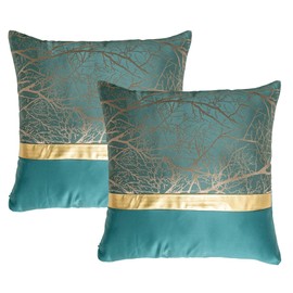 Home Luxe Premium Quality Comfortable Pillow Covers Cushion Covers with High End Embroidery for Couch Cushion Livingroom 17.7 x 17.7 inch (Pack of 2 pcs) (Green Trees with Gold Stripe)