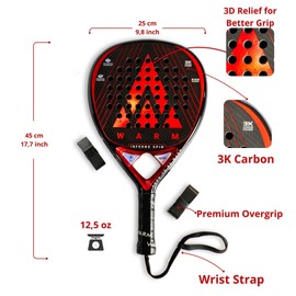 Warm Inferno Spin Teardrop Padel Racket – 3K Carbon Fiber Face, EVA Core for Balanced Control & Power, 3D Spin Texture | Includes 2 Premium Overgrips