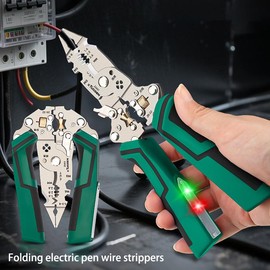16 in 1 Foldable Wire Stripper, Twister for Cutting and Pulling Wires, Cable Scissors,Voltage Tester Pliers, 12V to 250V Live,Null,Hot Wire Judgment AC DC, Audible and Flashing LED Alarms Multi-Purpose Metal Cle Durabl Revolving Leather Belt Punch Pliers