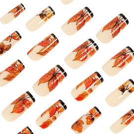 KTAABTR 24Pcs Black French Tip Press on Nails Medium Coffin Nails Maple Leaf Fake Nails with Glue Thanksgiving Fall Leaf Acrylic Nails Design Full Cover Maple Leaf False Nails Stick on Nails for Women