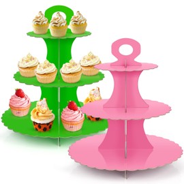 3-Tier Cardboard Cupcake Stand 2pcs Pink and Green Cupcake Holder Stand for 24 Cupcakes DIY Cupcake Stand Tower for Dessert Table Display for Witch Party, Tea Party, Birthday, Weeding, Baby Shower