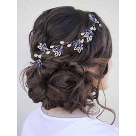 Campsis Diadema de novia de cristal, perlas plateadas, diadema de boda para novias, hojas de aleación, perlas, enredaderas, accesorios para el cabello de boda, graduación, cena, fotografía para mujeres y niñas