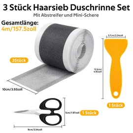 Annickee 3 Stück Haarsieb Duschrinne, 10cm x 4m Abfluss Haarfänger, Haarsieb Mesh Aufkleber mit Plastikspatel und Miniaturschere, Selbstklebender Duschabfluss Draindodger für Badewannen, Küche