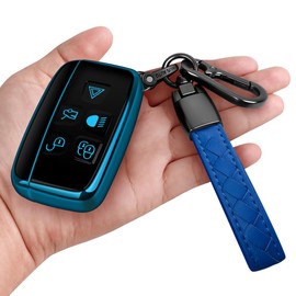 Sindeda for Land Rover Key Fob Cover with Keychain Soft Full Protection Key Shell Key Case Compatible with Land Rover LR4 Range Rover Sport Evoque Jaguar XF XJ XJL F-pace (Blue)