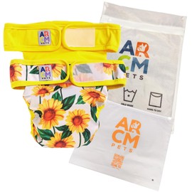 ARCM Pets No Tail Hole Washable Pet Diapers, Dog Diapers Female & Baby Goat Diapers-Ultra Absorbent, Premium Doggie Diapers & Adjustable Waist Diapers for Small Dogs (Sunflower)