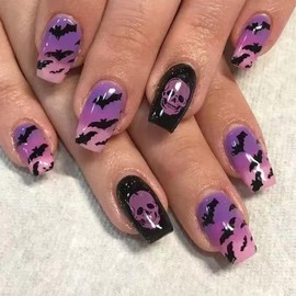 Helloween Bat Press on Nails Medium Square Fake Nails with Designs Skull False Nails Purple Pink Ombre Glue on Nail Glossy Artificial Nails Full Cover Reusable Stick on Nail for Women Manicure 24 Pcs