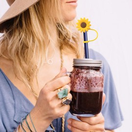 HINZIC 5Pcs 8mm Sunflower Silicone Straw Covers Dispensers Reusable Drinking Straw Topper Plug Splash Proof Dust Straw Tips Cap Lids