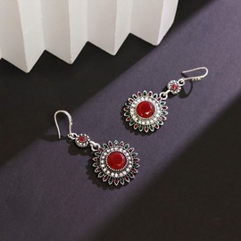 AILUOR Vintage Round Blue Sapphire Sunflowers Dangle Earrings, Women's Unique Retro Colorful Ethnic Bohemian Earrings Jewelry for Women (Red)